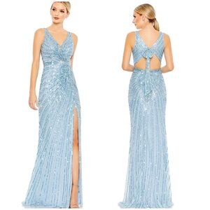 Mac Duggal 5685 Ice Blue Sequined Faux Wrap Sleeveless Gown